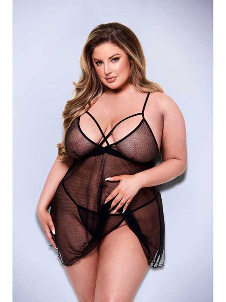 BACI 2PC STRAPPY LACE & MESH BABYDOLL & G-STRING SET